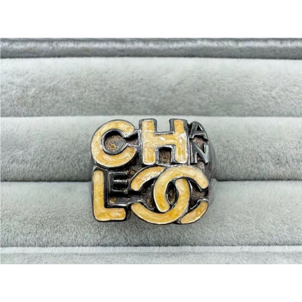 CHANEL Vintage 20th Century Silver Ring Size 6.5 with Enamel Logo Design & COA - Picture 3 of 11